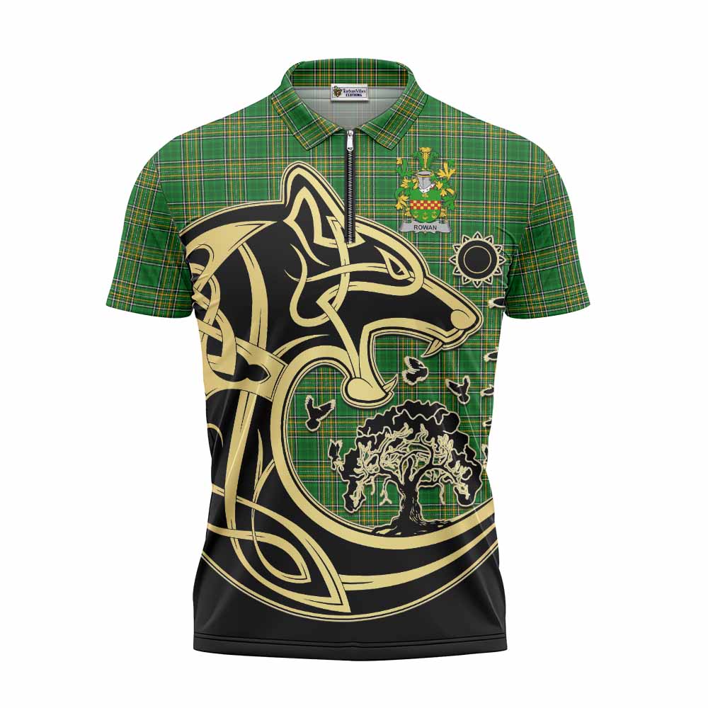 Rowan Irish Tartan Zipper Polo Shirt with Coat of Arms Celtic Wolf Style Unisex - Tartan Vibes Clothing