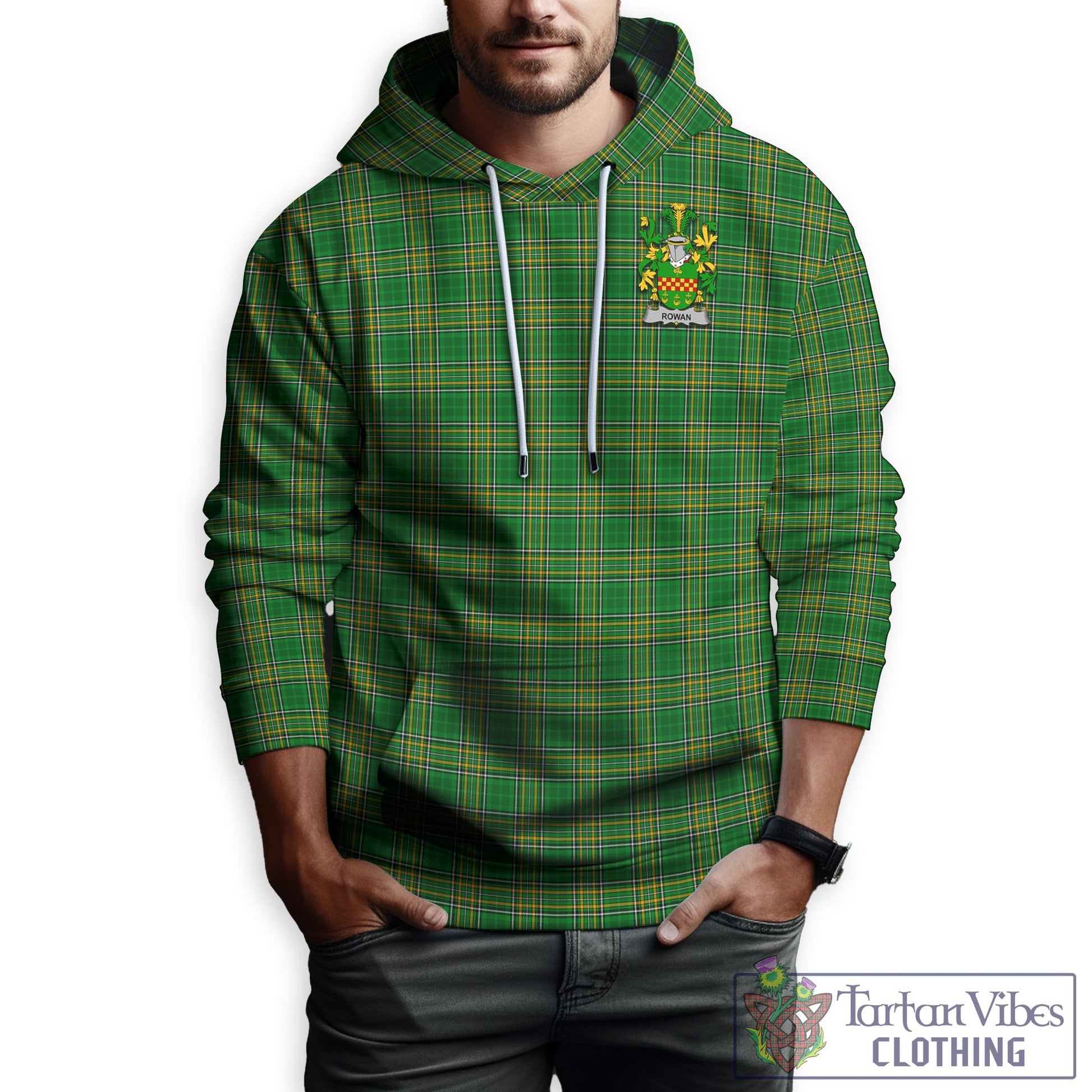 Tartan Vibes Clothing Rowan Ireland Clan Tartan Hoodie with Coat of Arms