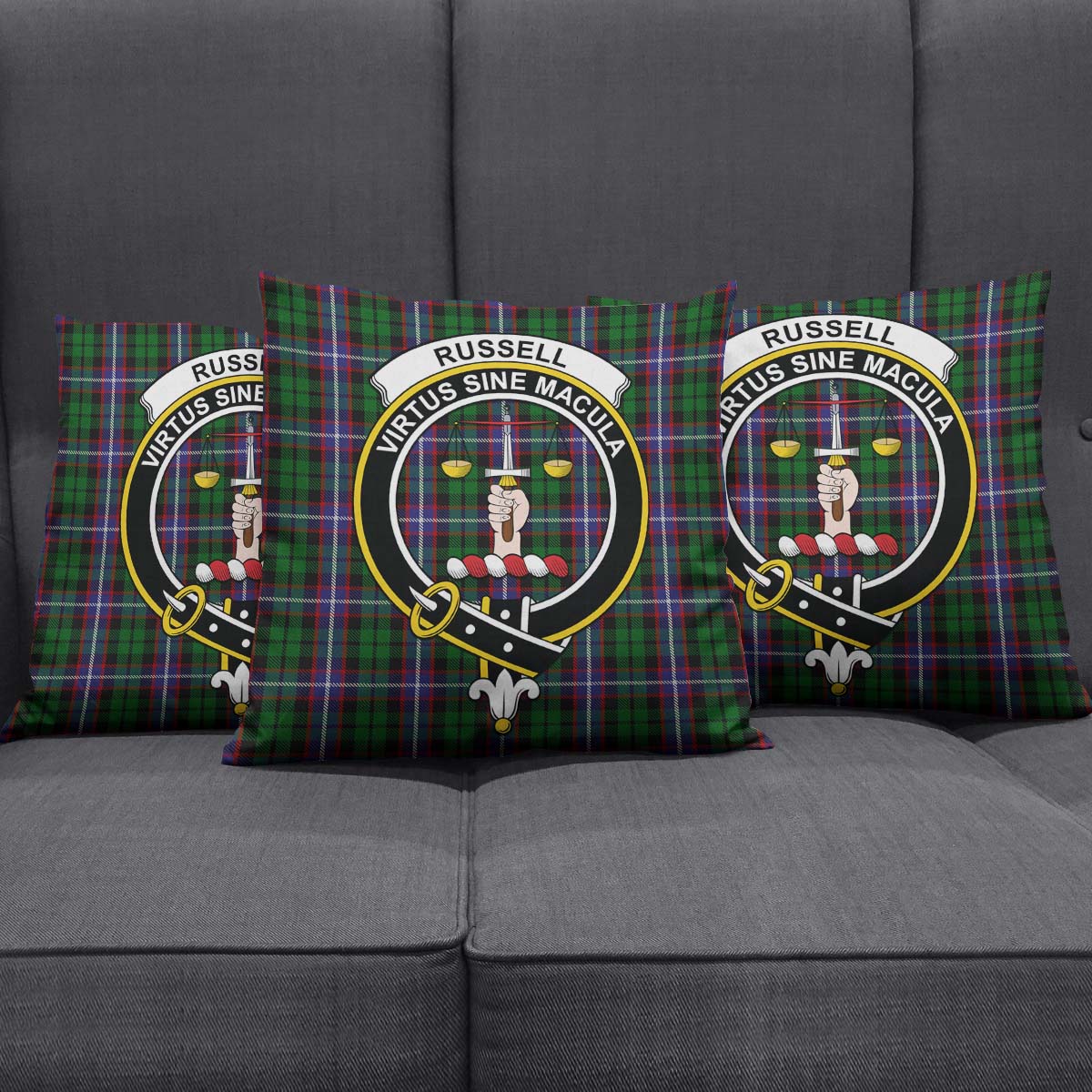 Russell Tartan Pillow Cover with Family Crest Square Pillow Cover - Tartanvibesclothing