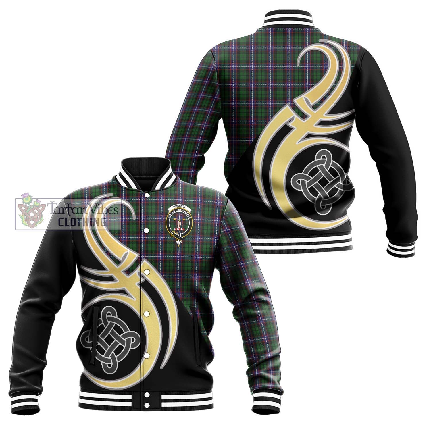 Tartan Vibes Clothing Russell Tartan Baseball Jacket with Family Crest and Celtic Symbol Style