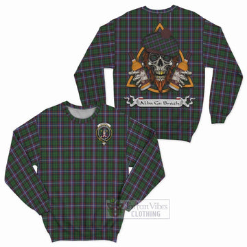 Russell Tartan Sweatshirt with Family Crest and Bearded Skull Holding Bottles of Whiskey