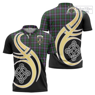 Russell Tartan Zipper Polo Shirt with Family Crest and Celtic Symbol Style