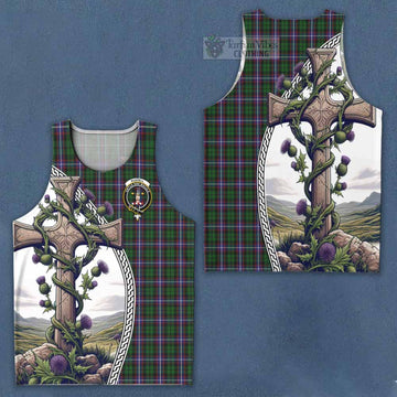 Russell Tartan Men's Tank Top with Family Crest and St. Andrew's Cross Accented by Thistle Vines