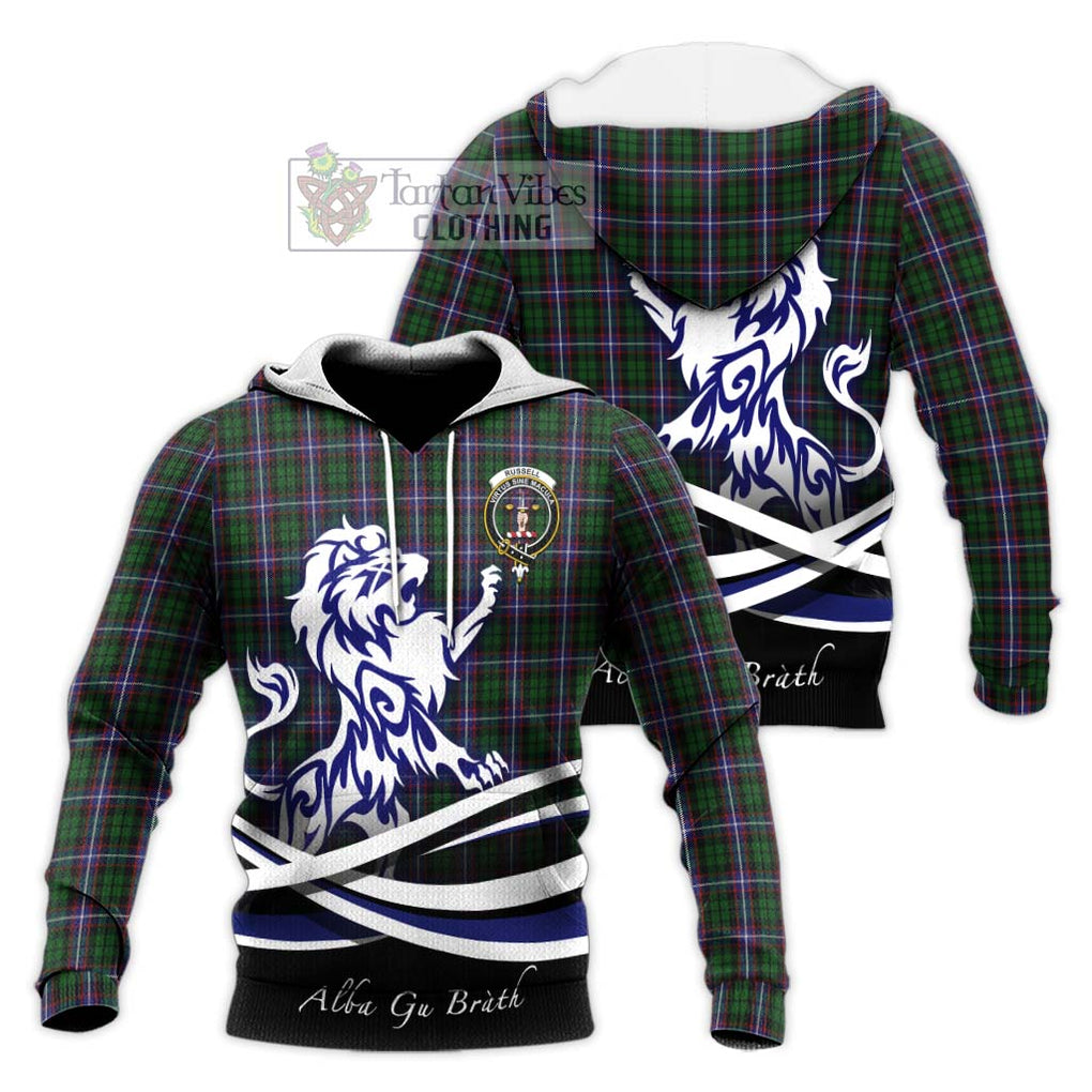 Russell Tartan Knitted Hoodie with Alba Gu Brath Regal Lion Emblem Unisex Knitted Pullover Hoodie - Tartan Vibes Clothing