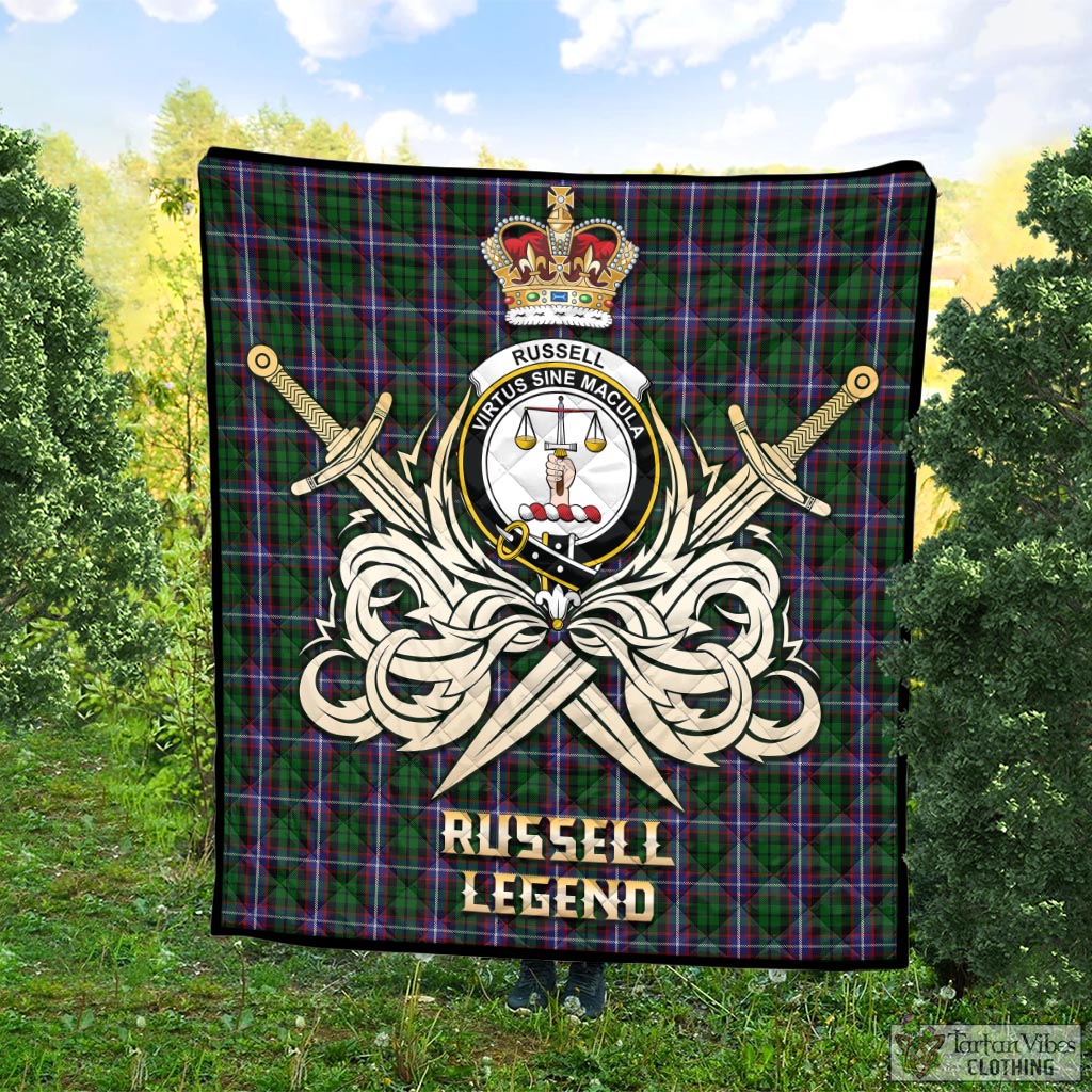 Tartan Vibes Clothing Russell Tartan Quilt with Clan Crest and the Golden Sword of Courageous Legacy