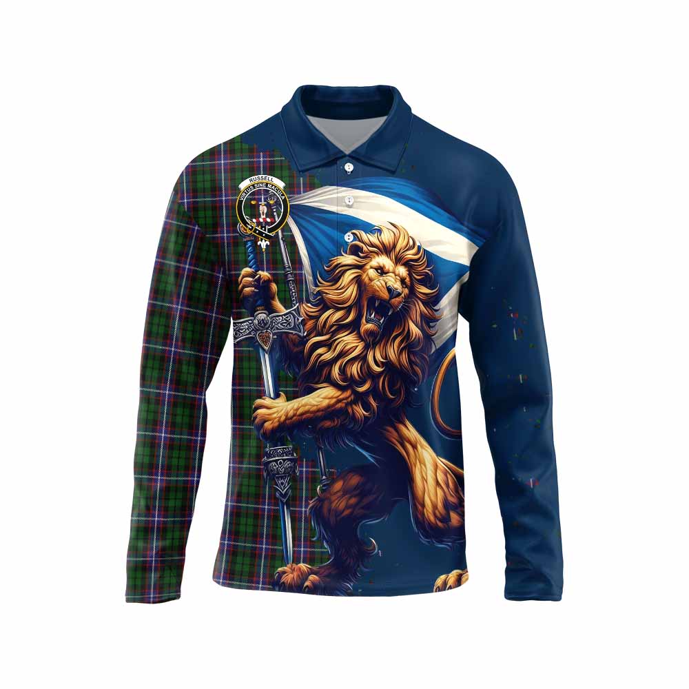 Tartan Vibes Clothing Russell Tartan Family Crest Long Sleeve Polo Shirt with Scottish Majestic Lion