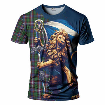 Russell Tartan Family Crest T-Shirt with Scottish Majestic Lion