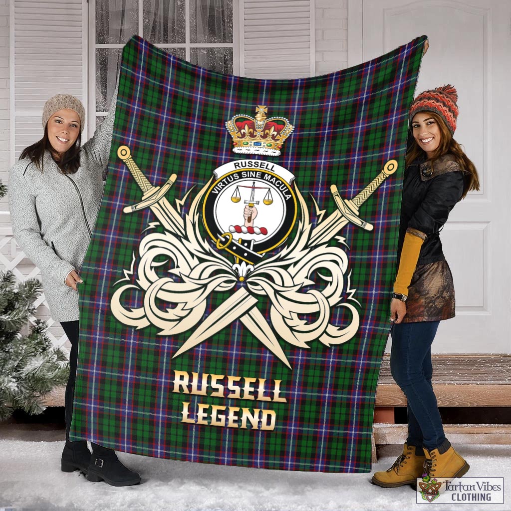 Tartan Vibes Clothing Russell Tartan Blanket with Clan Crest and the Golden Sword of Courageous Legacy