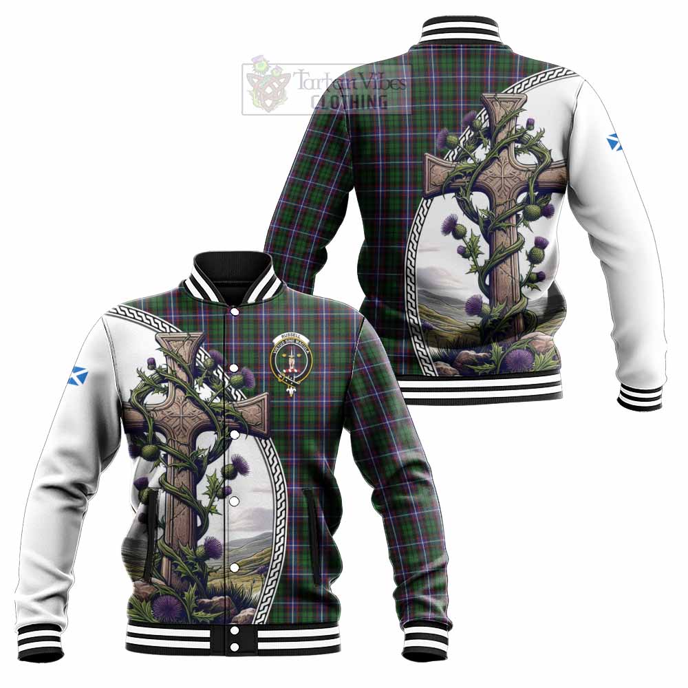 Tartan Vibes Clothing Russell Tartan Baseball Jacket with Family Crest and St. Andrew's Cross Accented by Thistle Vines