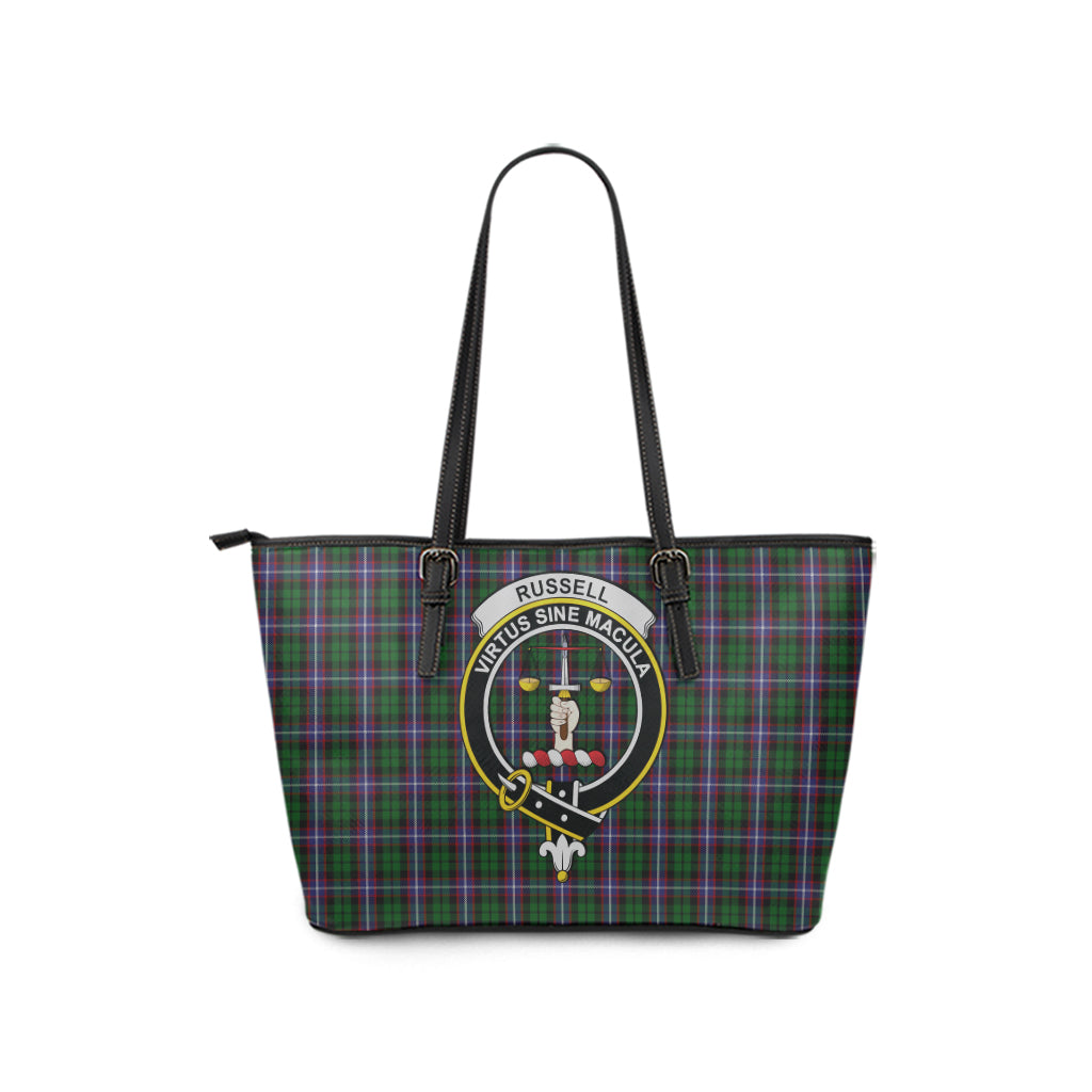 Russell Tartan Leather Tote Bag with Family Crest - Tartan Vibes Clothing