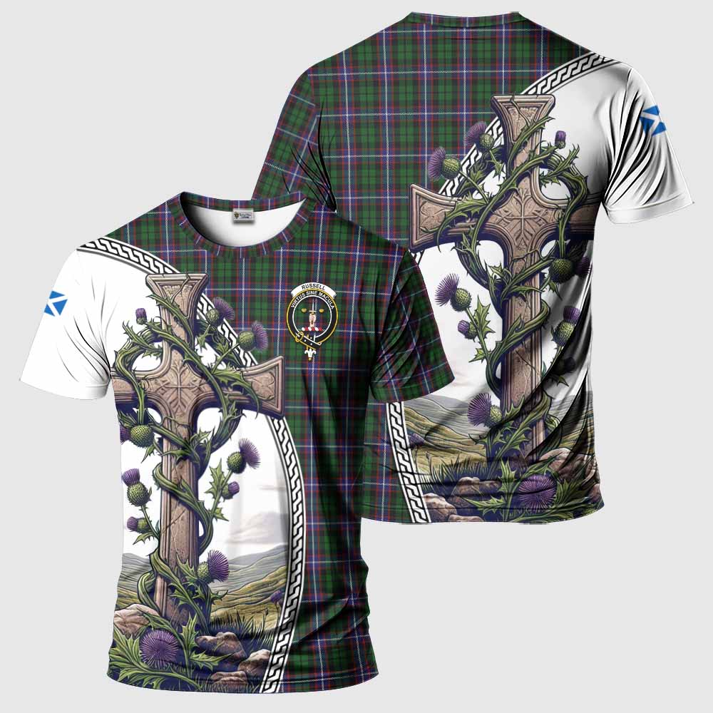 Tartan Vibes Clothing Russell Agnew Tartan T-Shirt with Family Crest and St. Andrew's Cross Accented by Thistle Vines