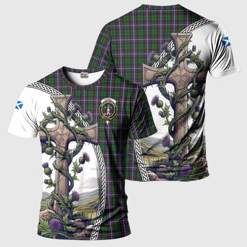 Russell Tartan T-Shirt with Family Crest and St. Andrew's Cross Accented by Thistle Vines