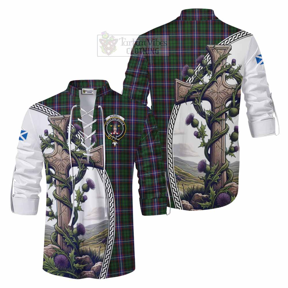 Tartan Vibes Clothing Russell Tartan Ghillie Kilt Shirt with Family Crest and St. Andrew's Cross Accented by Thistle Vines