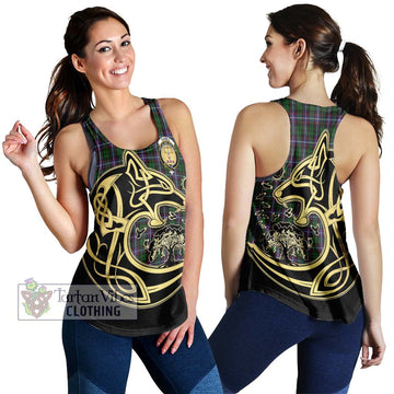 Russell Tartan Women's Racerback Tanks with Family Crest Celtic Wolf Style