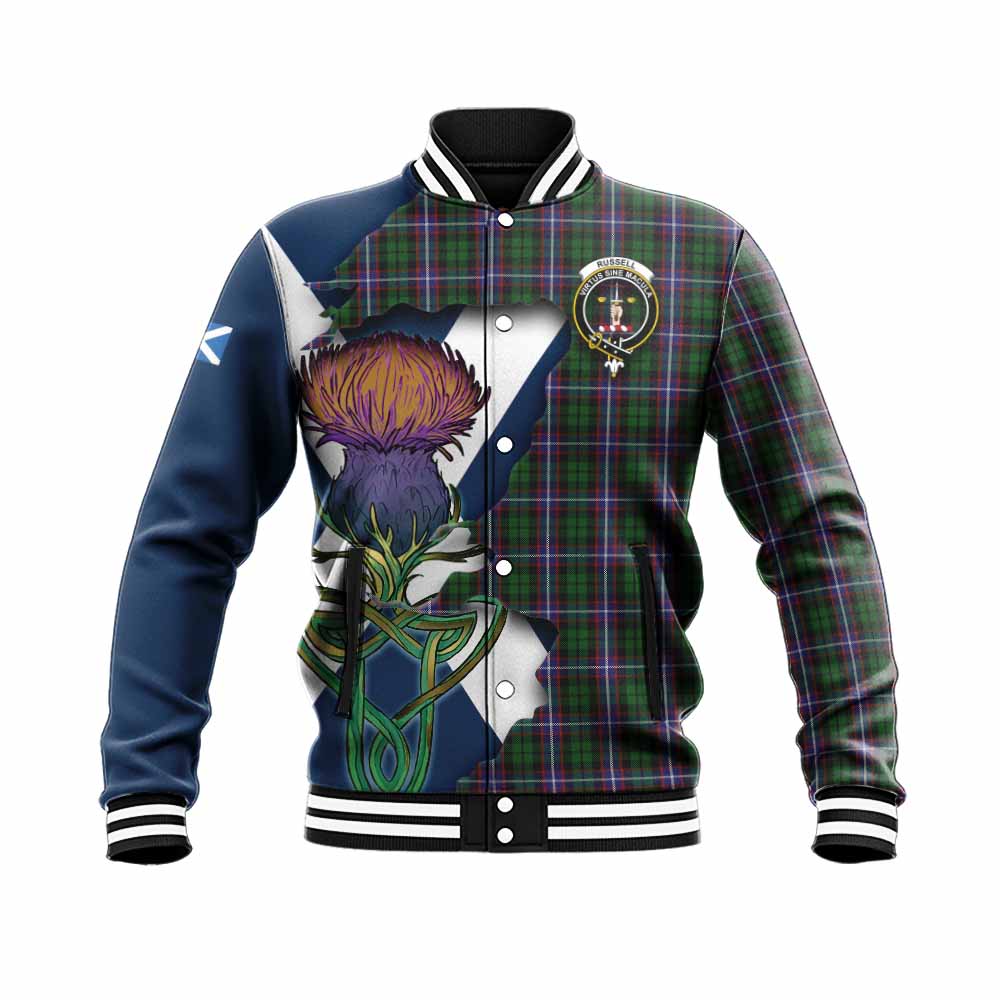Russell Tartan Family Crest Baseball Jacket Scottish Thistle Celtic Inspired Unisex - Tartan Vibes Clothing