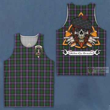 Russell Tartan Men's Tank Top with Family Crest and Bearded Skull Holding Bottles of Whiskey