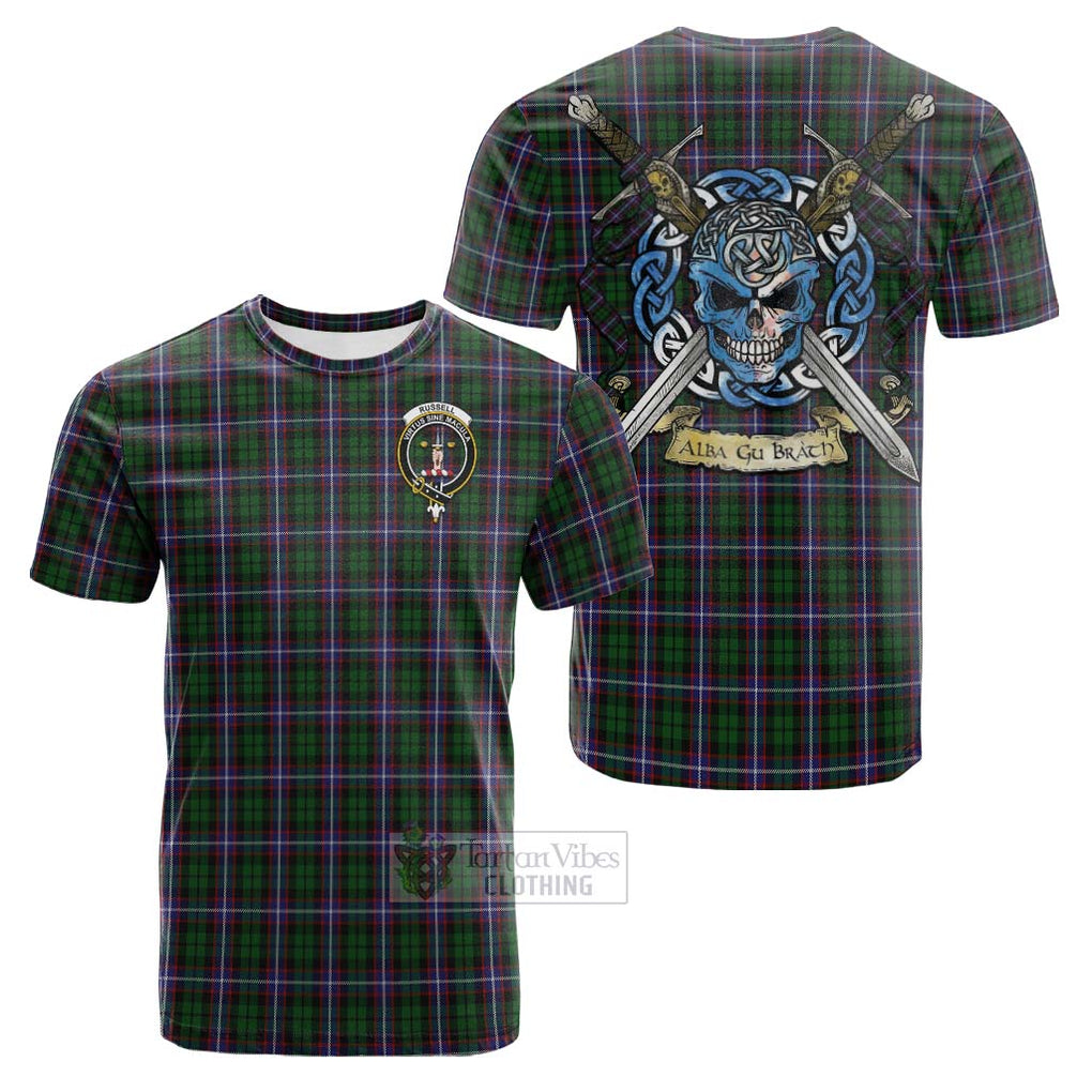 Tartan Vibes Clothing Russell Tartan Cotton T-shirt with Family Crest Celtic Skull Style