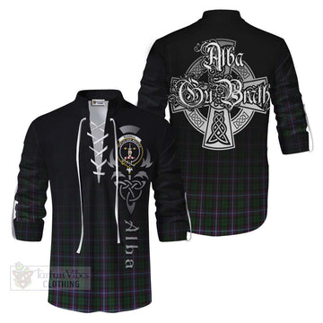 Russell Tartan Ghillie Kilt Shirt Featuring Alba Gu Brath Family Crest Celtic Inspired