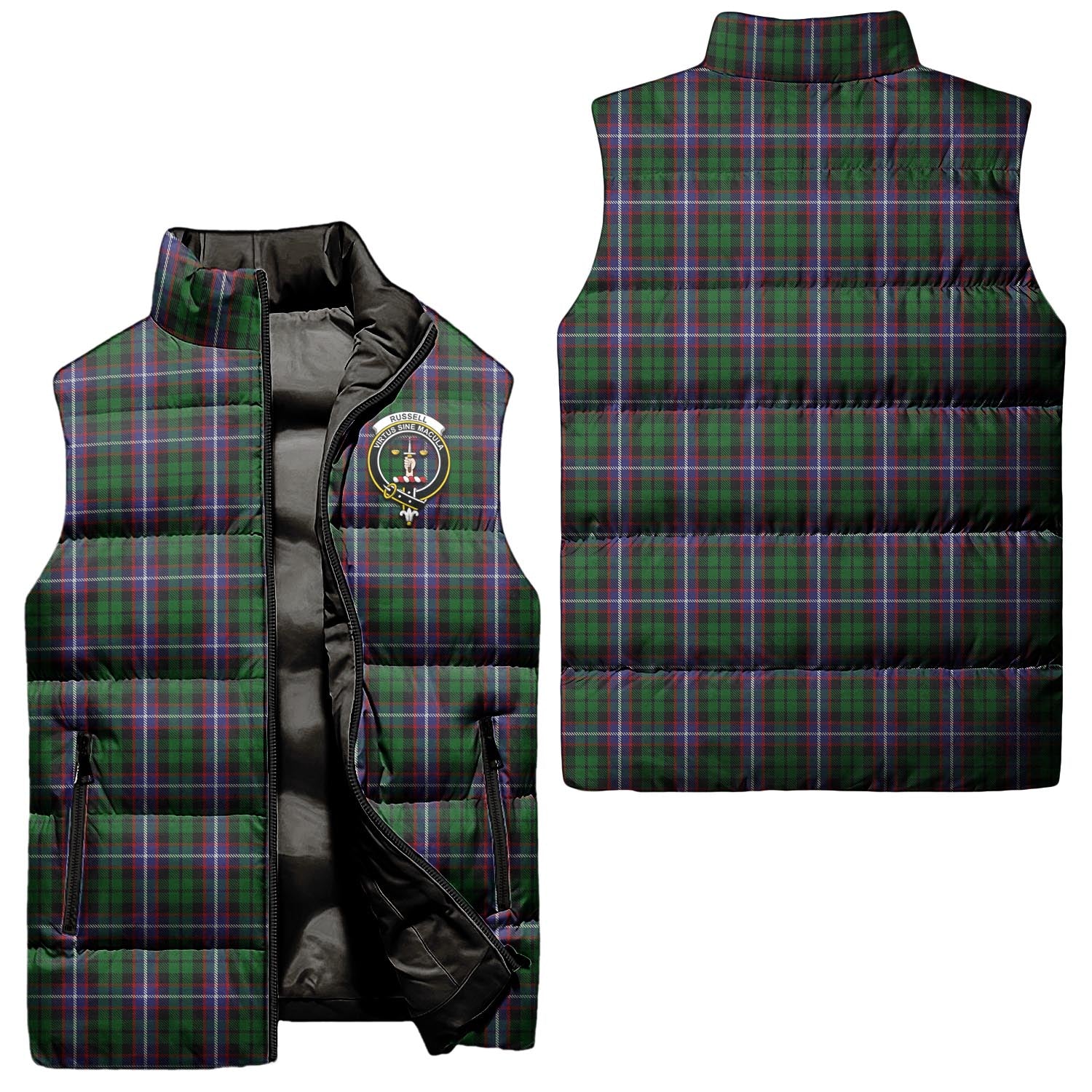 Russell Tartan Sleeveless Puffer Jacket with Family Crest Unisex - Tartanvibesclothing