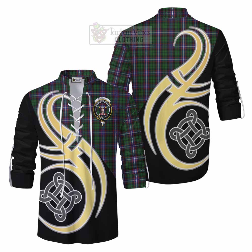 Tartan Vibes Clothing Russell Tartan Ghillie Kilt Shirt with Family Crest and Celtic Symbol Style