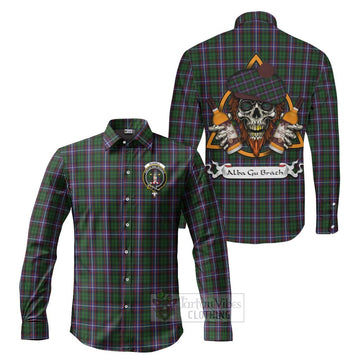 Russell Tartan Long Sleeve Button Shirt with Family Crest and Bearded Skull Holding Bottles of Whiskey