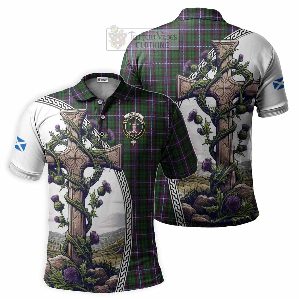 Tartan Vibes Clothing Russell Tartan Polo Shirt with Family Crest and St. Andrew's Cross Accented by Thistle Vines