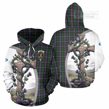 Russell Tartan Hoodie with Family Crest and St. Andrew's Cross Accented by Thistle Vines