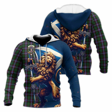 Russell Tartan Family Crest Knitted Hoodie with Scottish Majestic Lion