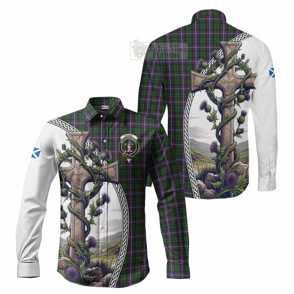 Tartan Vibes Clothing Russell Tartan Long Sleeve Button Shirt with Family Crest and St. Andrew's Cross Accented by Thistle Vines