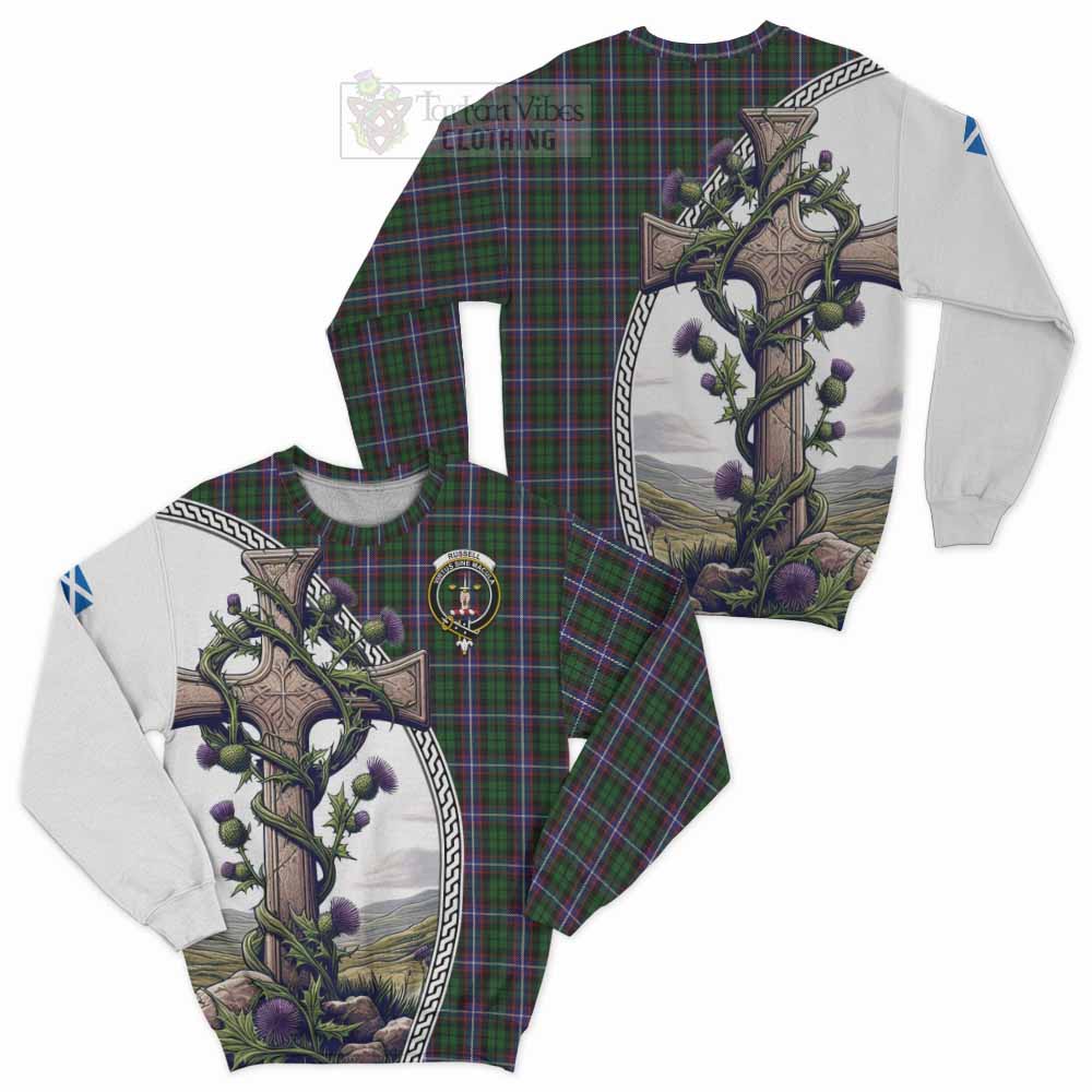 Tartan Vibes Clothing Russell Tartan Sweatshirt with Family Crest and St. Andrew's Cross Accented by Thistle Vines