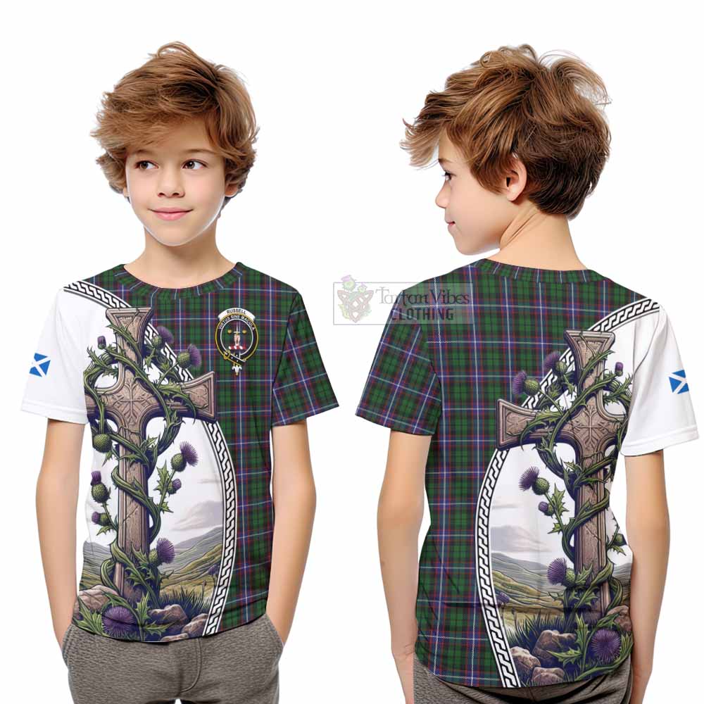 Tartan Vibes Clothing Russell Tartan Kid T-Shirt with Family Crest and St. Andrew's Cross Accented by Thistle Vines