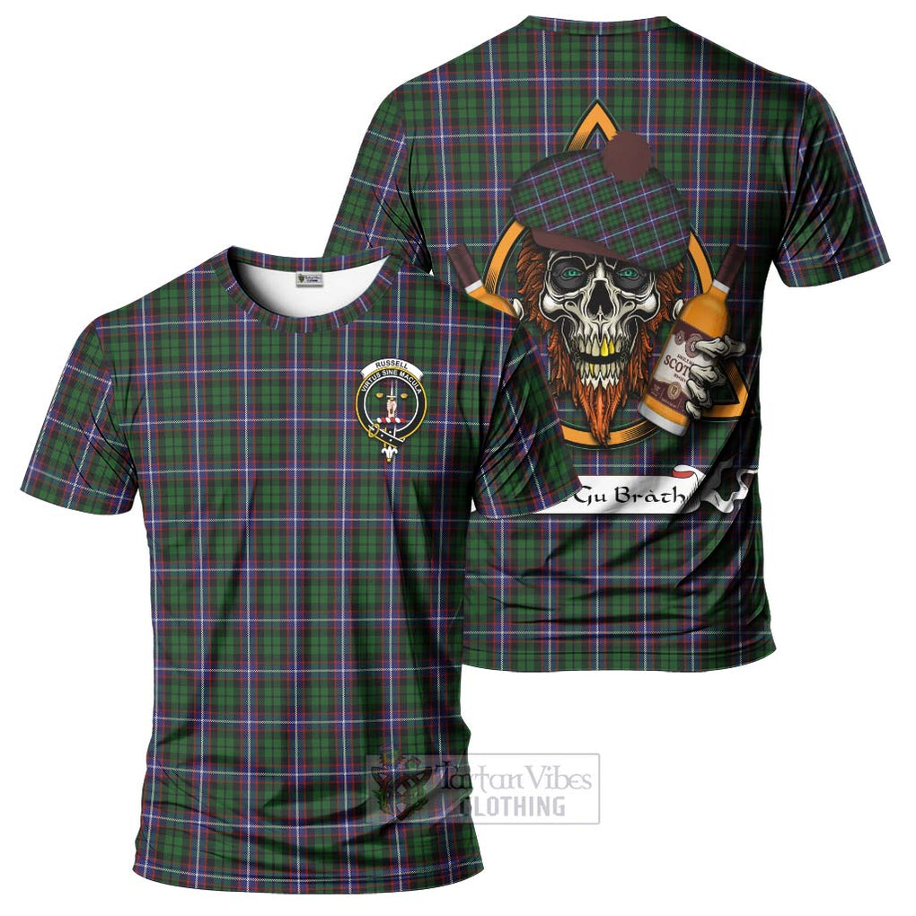 Tartan Vibes Clothing Russell Tartan T-Shirt with Family Crest and Bearded Skull Holding Bottles of Whiskey