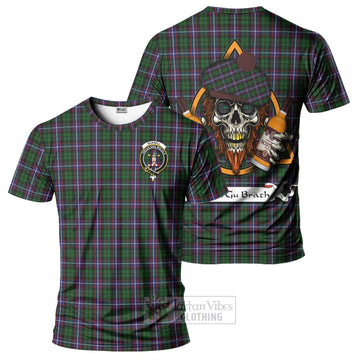 Russell Tartan T-Shirt with Family Crest and Bearded Skull Holding Bottles of Whiskey