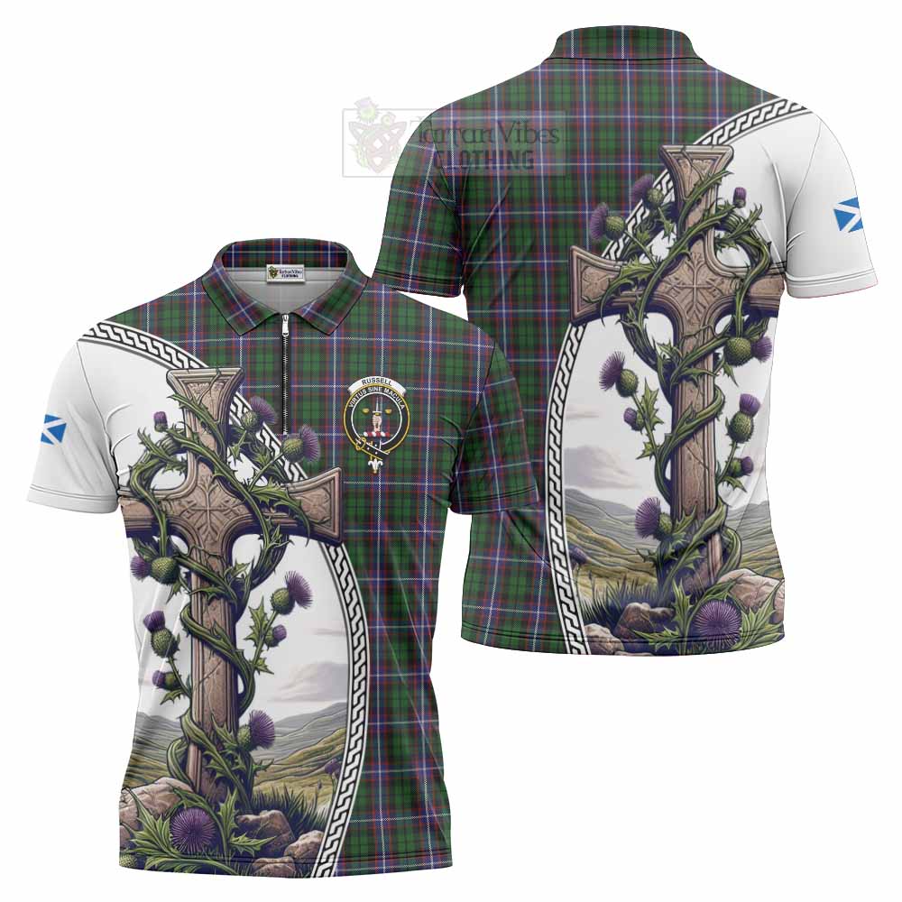 Tartan Vibes Clothing Russell Tartan Zipper Polo Shirt with Family Crest and St. Andrew's Cross Accented by Thistle Vines