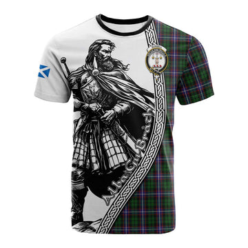 Russell Tartan Clan Crest Cotton T-shirt with Highlander Warrior Celtic Style