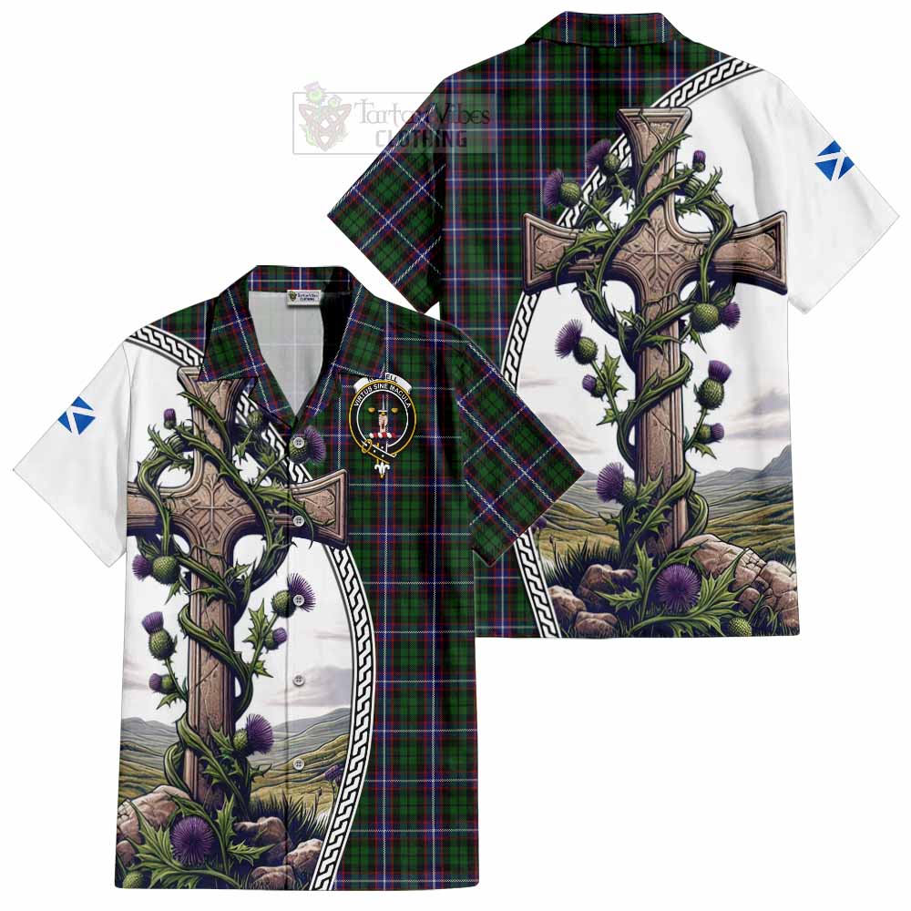 Tartan Vibes Clothing Russell Tartan Short Sleeve Button Shirt with Family Crest and St. Andrew's Cross Accented by Thistle Vines