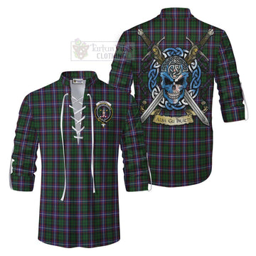 Russell Tartan Ghillie Kilt Shirt with Family Crest Celtic Skull Style