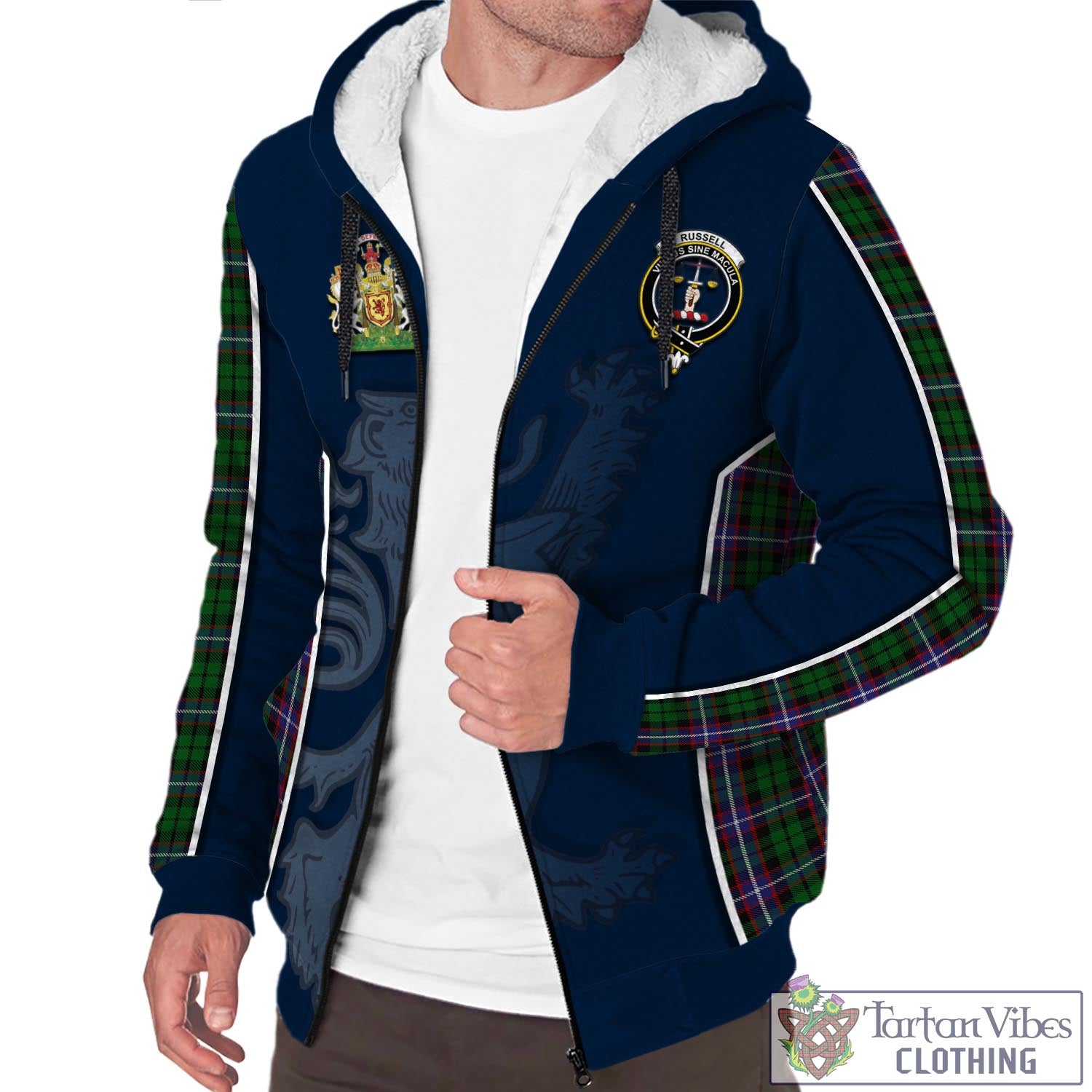 Tartan Vibes Clothing Russell Tartan Sherpa Hoodie with Family Crest and Lion Rampant Vibes Sport Style