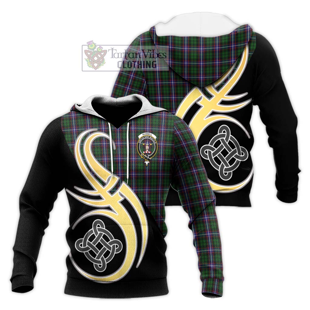 Tartan Vibes Clothing Russell Tartan Knitted Hoodie with Family Crest and Celtic Symbol Style