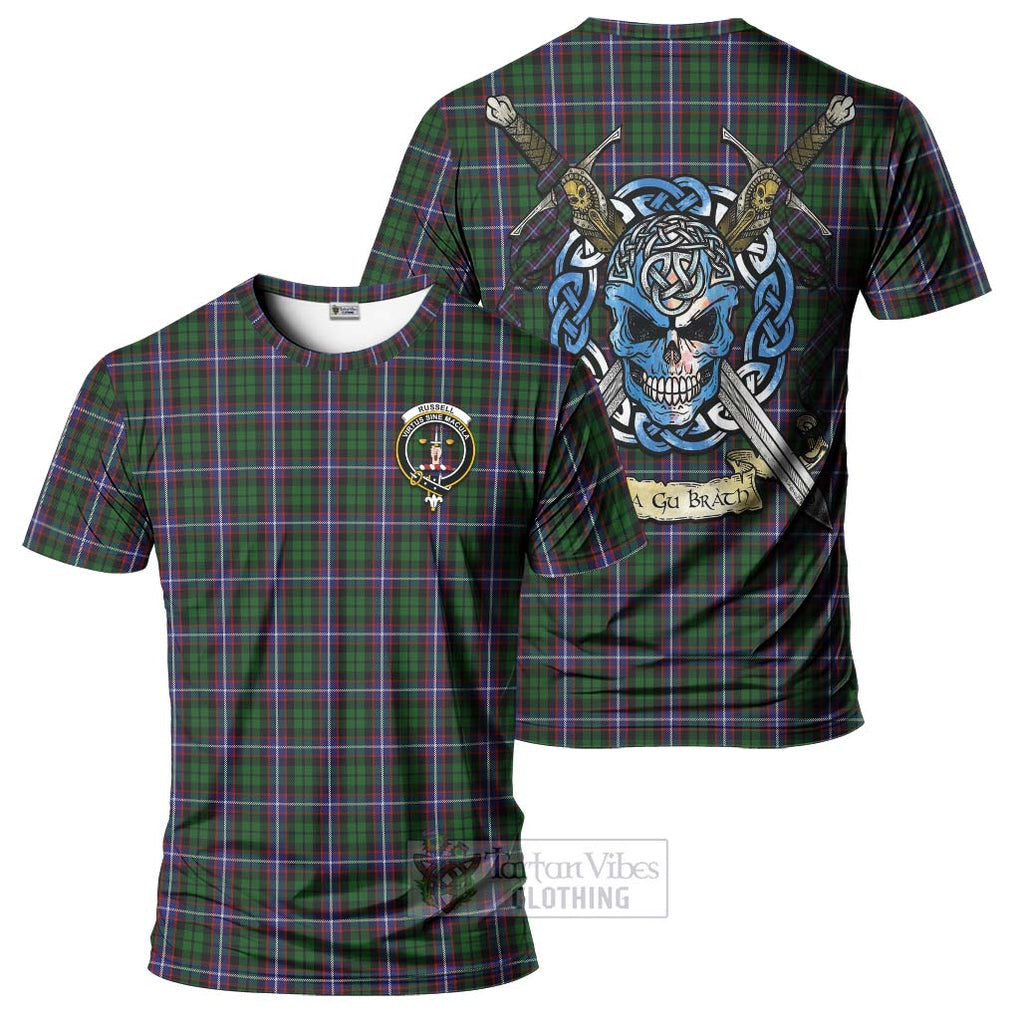 Tartan Vibes Clothing Russell Tartan T-Shirt with Family Crest Celtic Skull Style