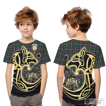 Russell Tartan Kid T-Shirt with Family Crest Celtic Wolf Style
