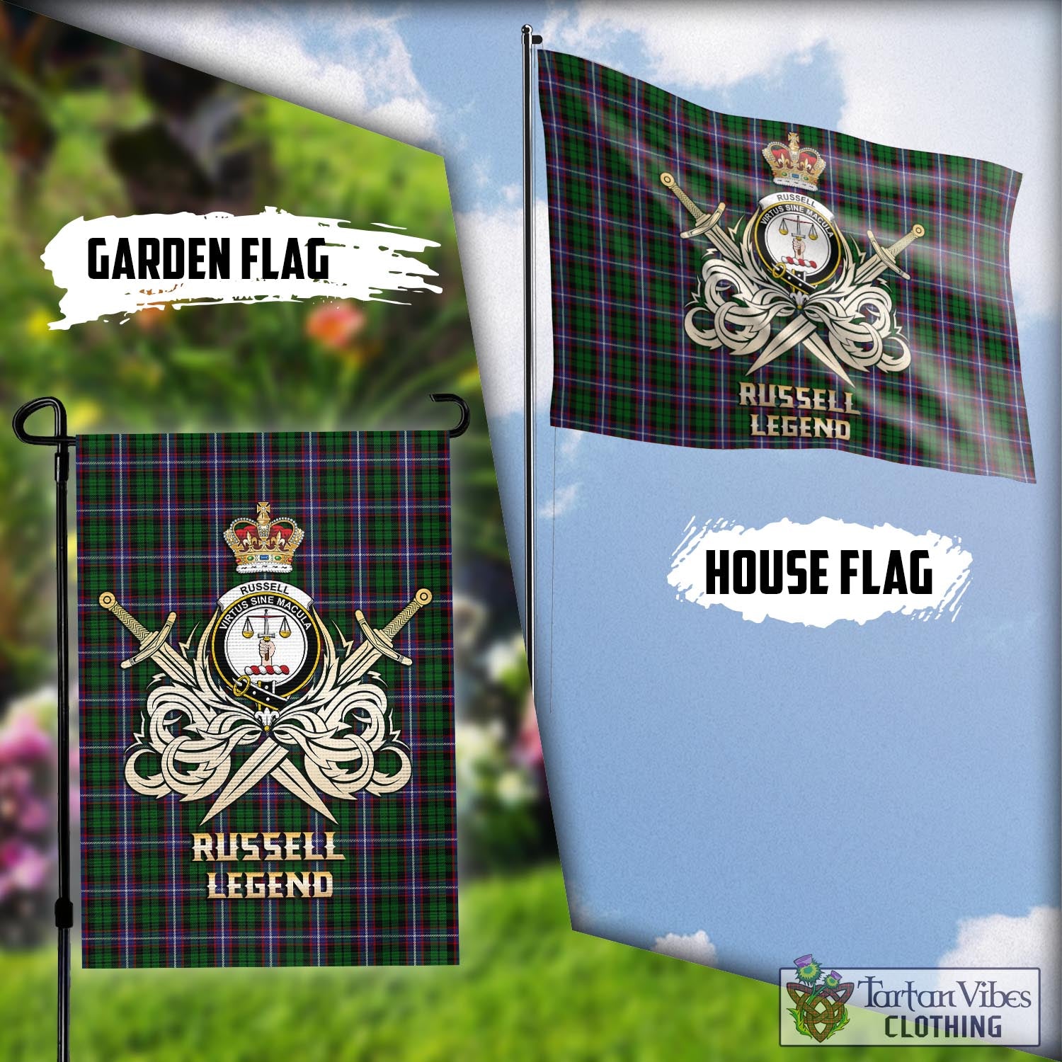 Tartan Vibes Clothing Russell Tartan Flag with Clan Crest and the Golden Sword of Courageous Legacy
