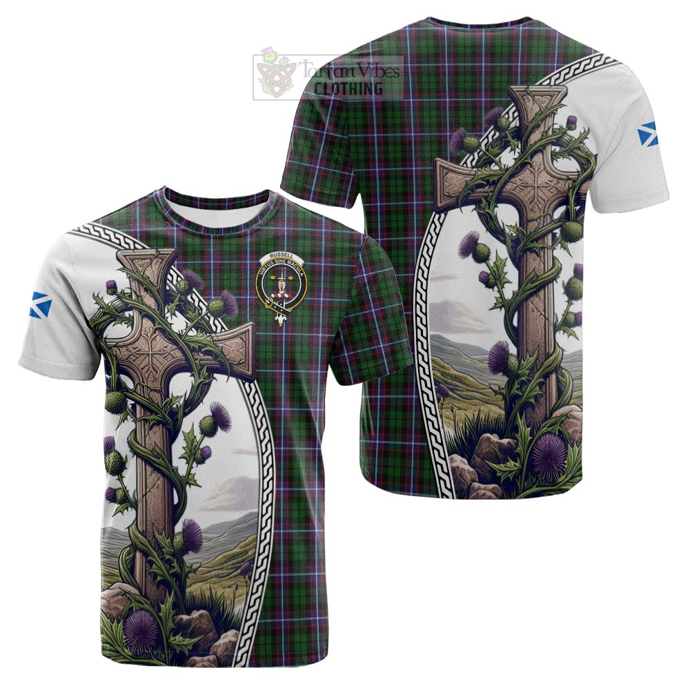 Tartan Vibes Clothing Russell Tartan Cotton T-shirt with Family Crest and St. Andrew's Cross Accented by Thistle Vines