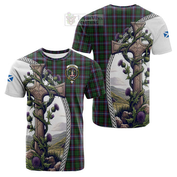 Russell Tartan Cotton T-shirt with Family Crest and St. Andrew's Cross Accented by Thistle Vines