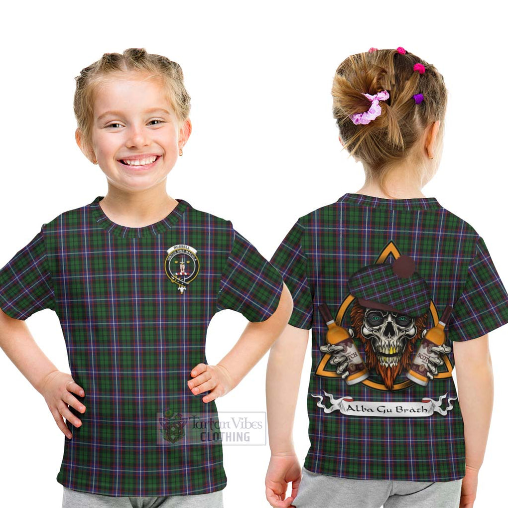 Tartan Vibes Clothing Russell Tartan Kid T-Shirt with Family Crest and Bearded Skull Holding Bottles of Whiskey