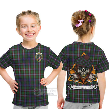 Russell Tartan Kid T-Shirt with Family Crest and Bearded Skull Holding Bottles of Whiskey