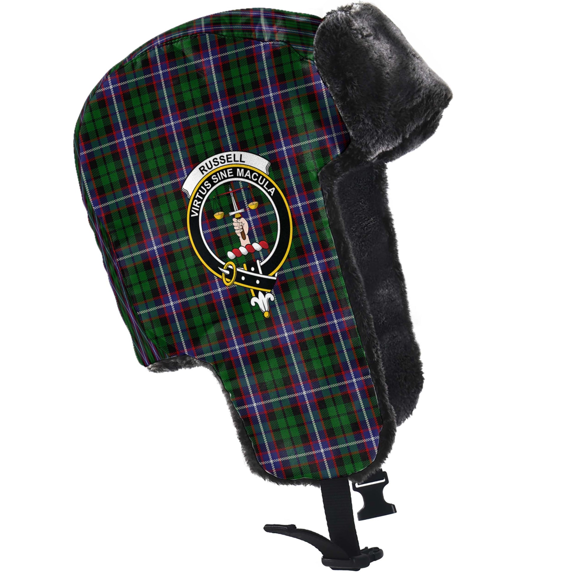 Russell Tartan Winter Trapper Hat with Family Crest - Tartanvibesclothing