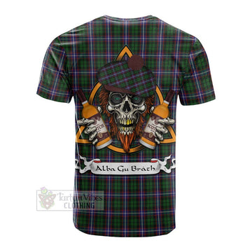 Russell Tartan Cotton T-shirt with Family Crest and Bearded Skull Holding Bottles of Whiskey