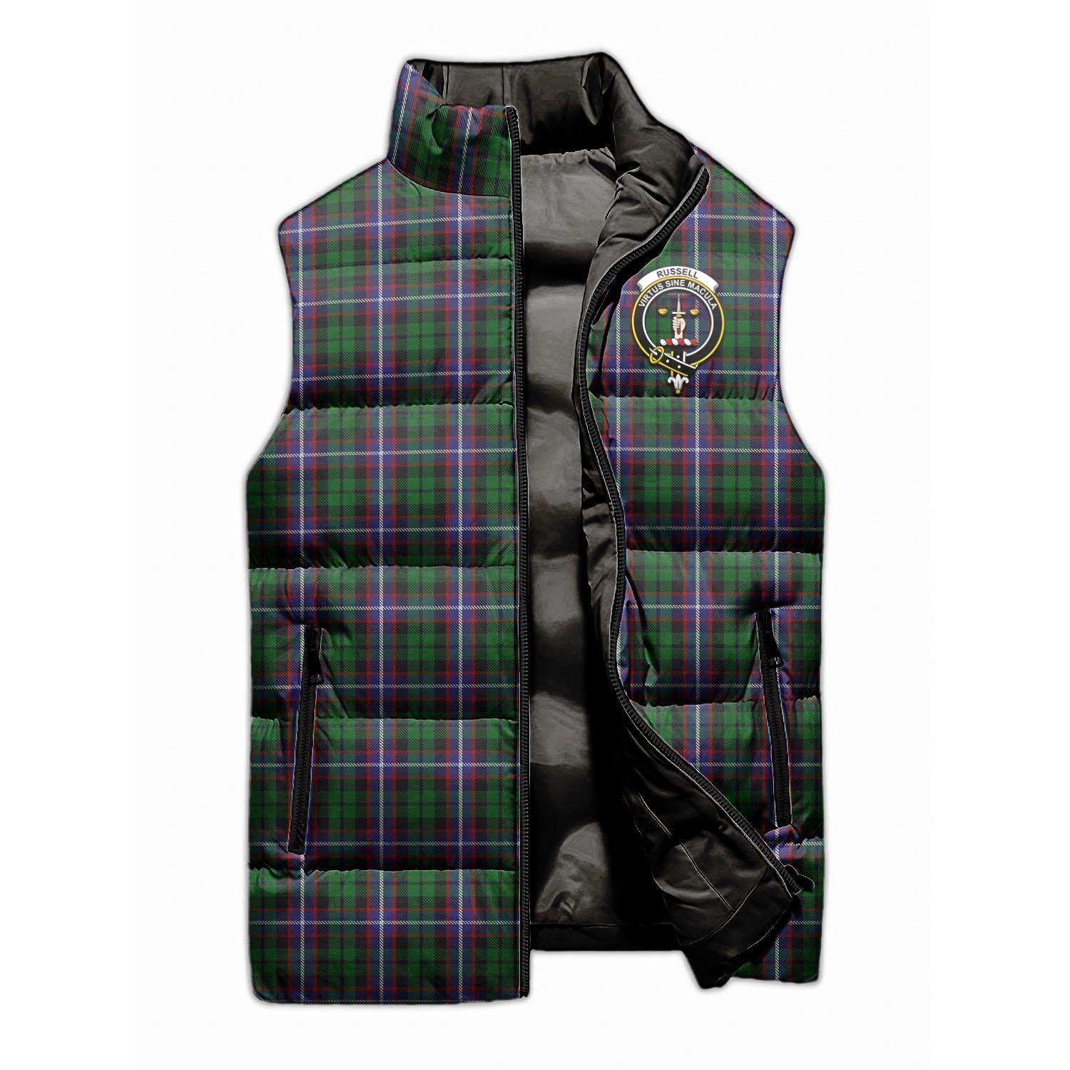 Russell Tartan Sleeveless Puffer Jacket with Family Crest - Tartanvibesclothing