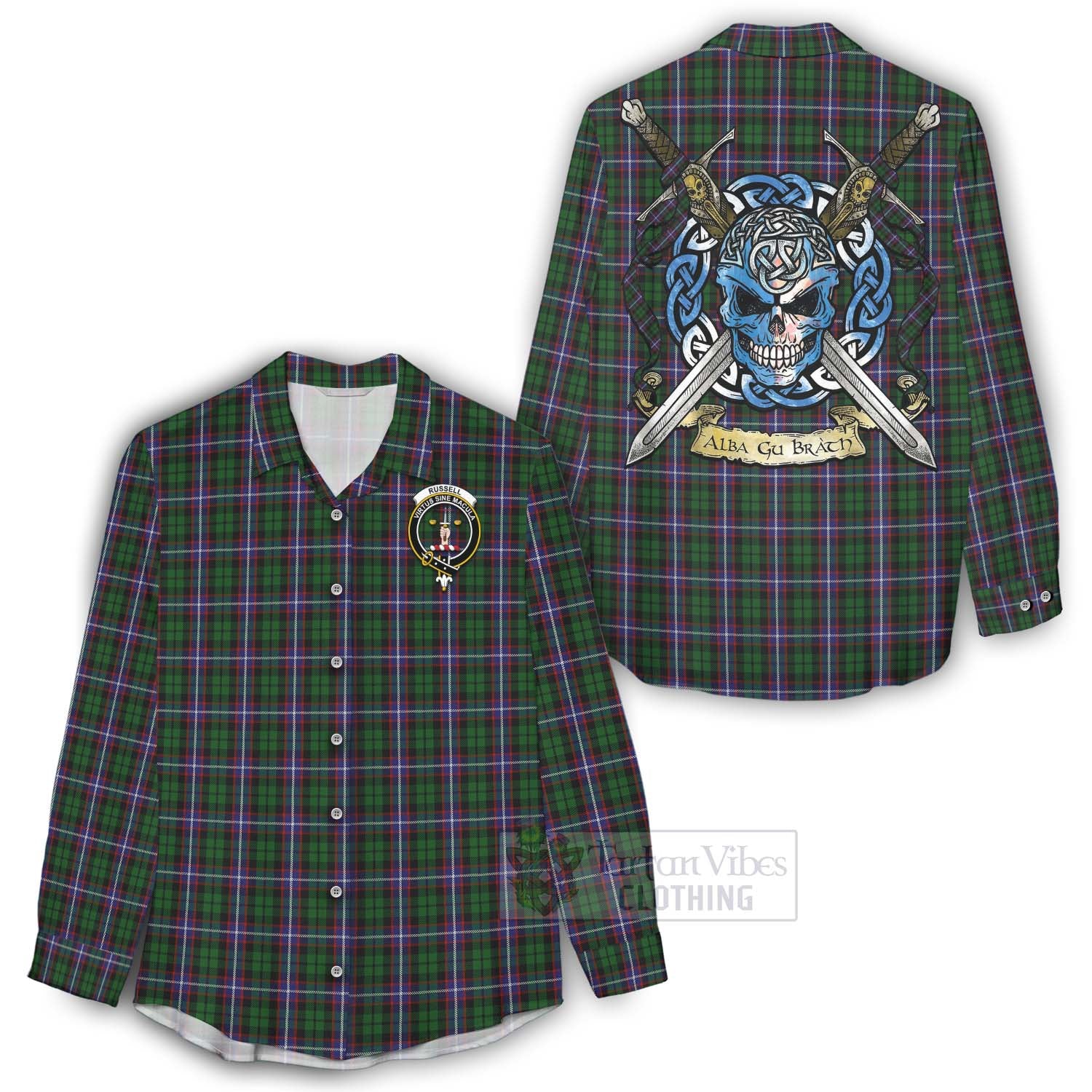 Tartan Vibes Clothing Russell Tartan Women's Casual Shirt with Family Crest Celtic Skull Style